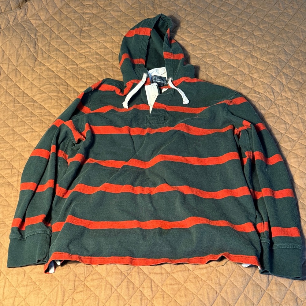 Polo Vintage Green and Red Striped Hoodie Rugby Shirt
